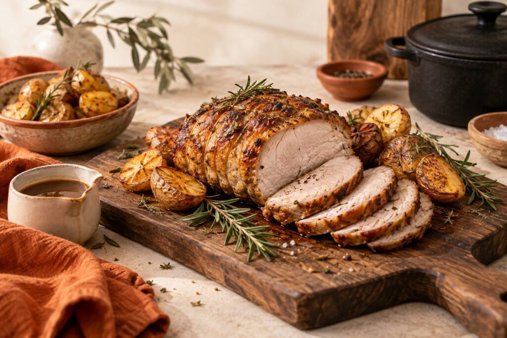 Rôti de porc doré tranché sur une planche en bois avec romarin