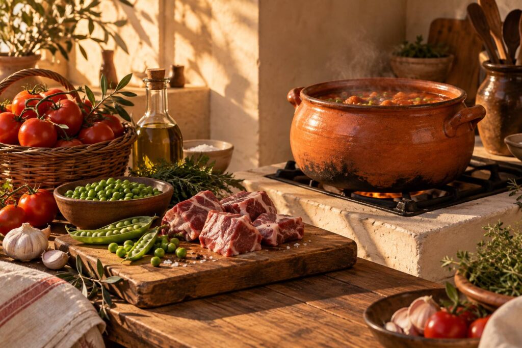 Cocotte en terre cuite avec viande et petits pois frais