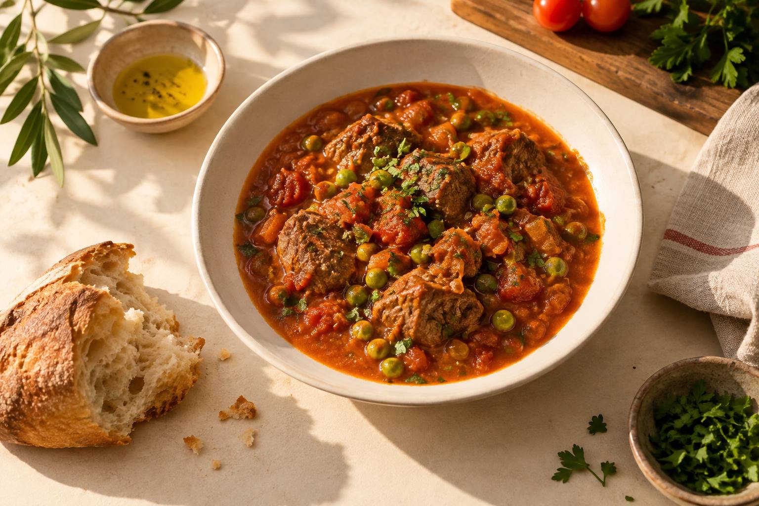 Ragout de tomate avec viande et petits pois dans une assiette