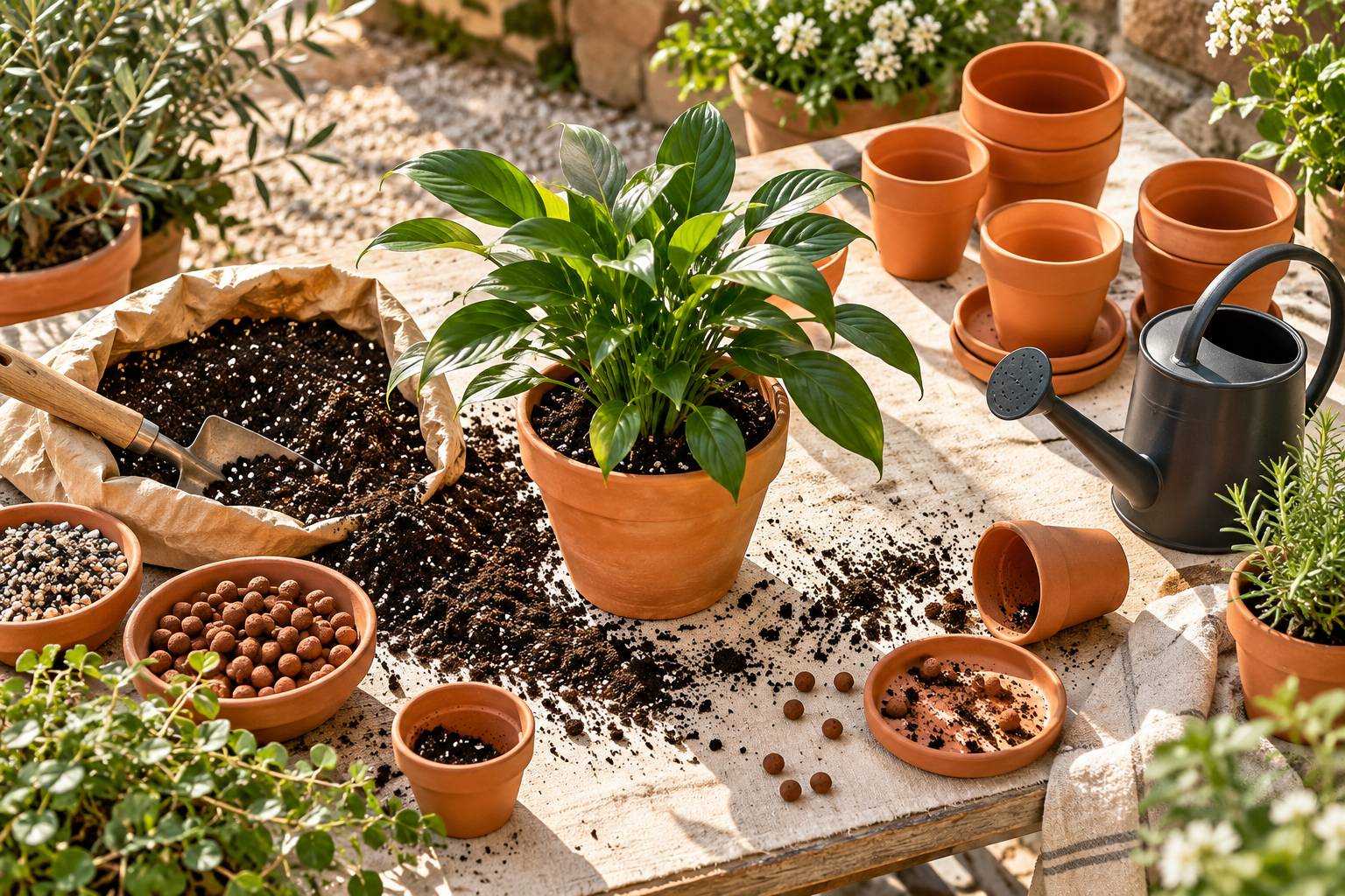 Table de rempotage avec plante en pot, terre drainante et arrosoir