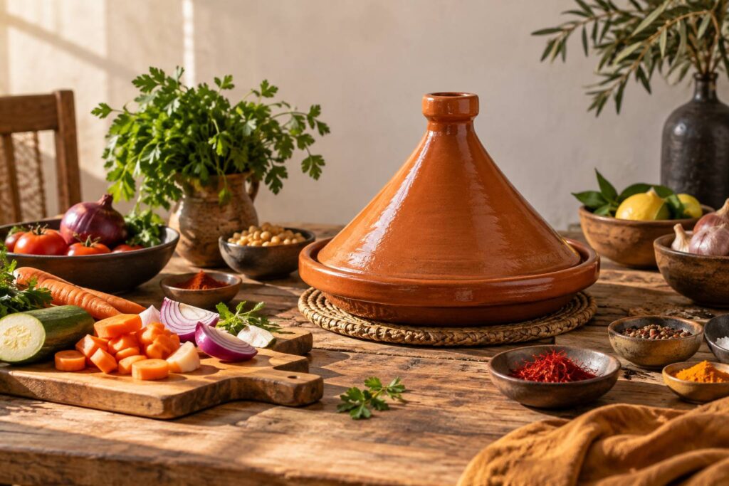 Plat conique en terre cuite et legumes coupes sur une table