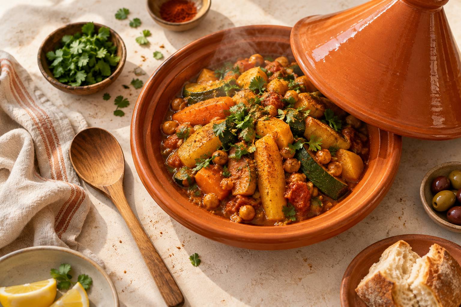 Legumes mijotes dans un plat conique ouvert avec herbes fraiches