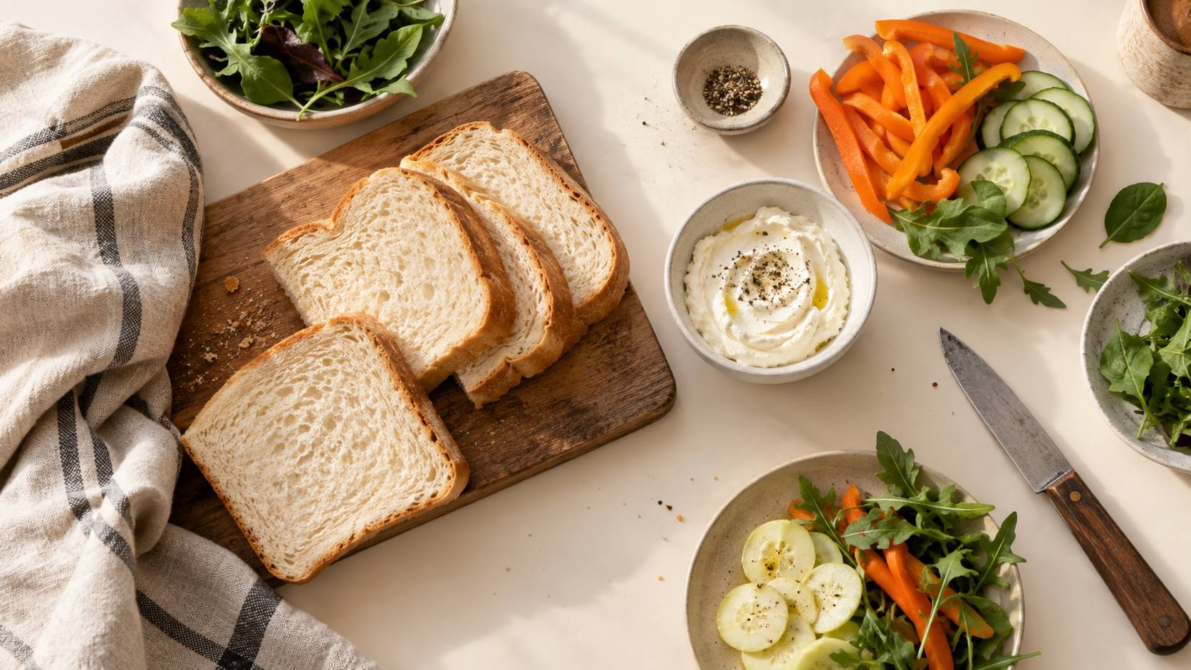 Préparation de sandwichs moelleux sur un plan de travail clair