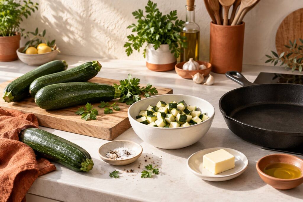 Courgettes fraiches et cubes de courgette prets pour la poele sur un plan de travail clair