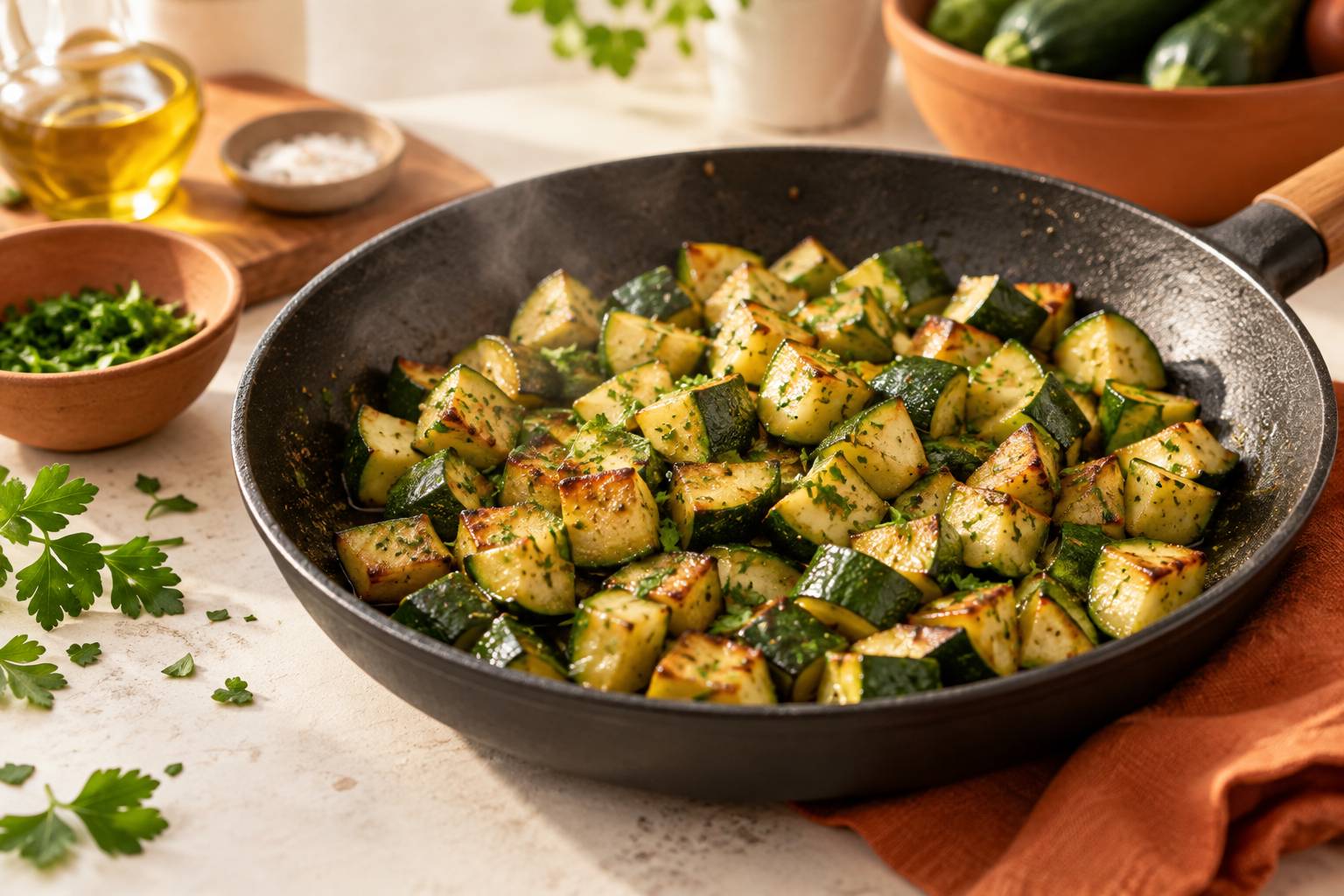 Cubes de courgette dorees a la poele avec huile et persil frais