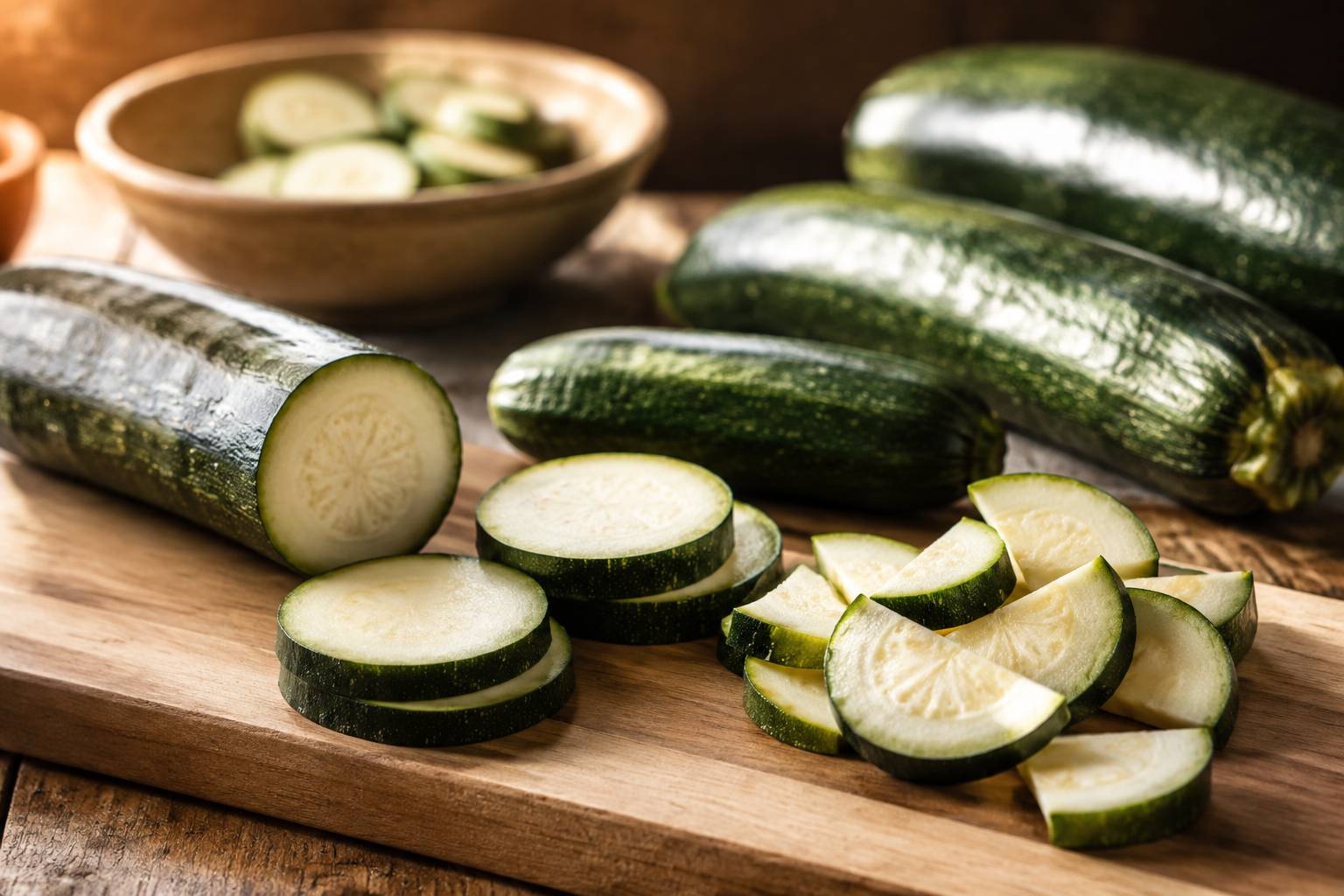 Fette di zucchina tagliate su un tagliere di legno chiaro con zucchine intere sullo sfondo