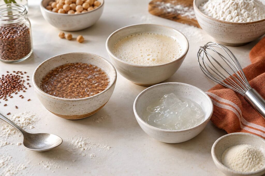 Bols de substituts d'oeuf a base de graines de lin et pois chiche sur un plan de travail