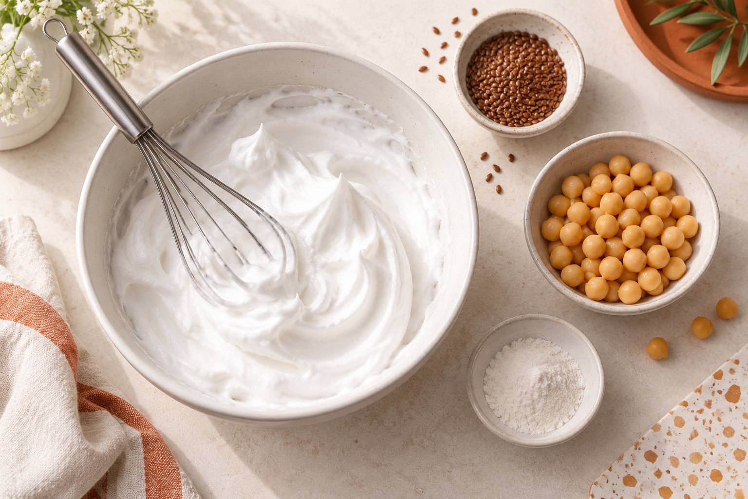 Blancs vegetaux montes en neige dans un bol avec fouet et ingredients autour