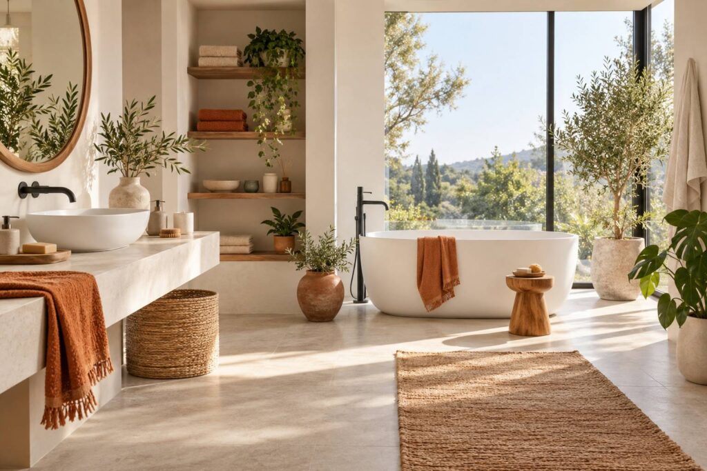 Salle de bain claire avec serviette en lin, peigne en bois et plantes vertes
