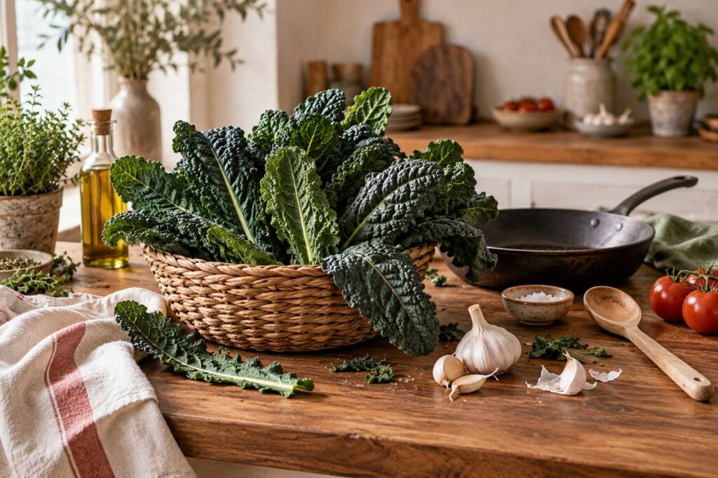 Feuilles de chou noir frisé fraîches dans un panier en osier en cuisine