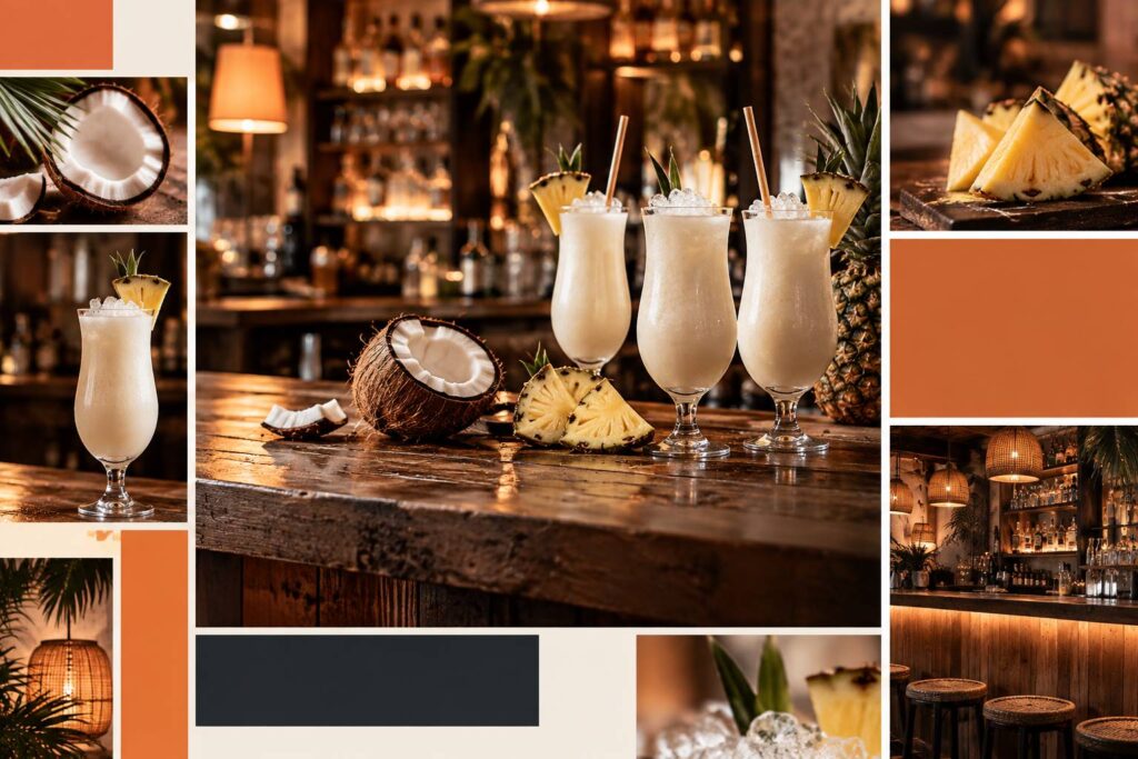 Cocktails au coco et fruits tropicaux sur un plan de bar