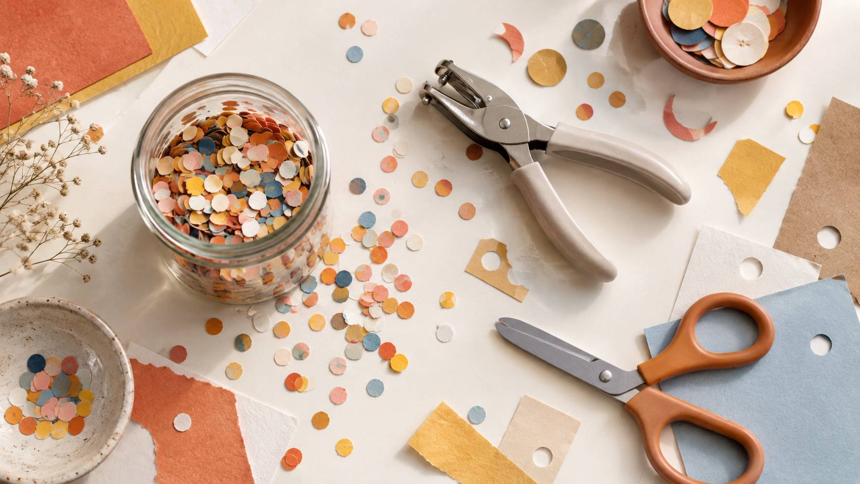 Petits confettis de papier multicolores dans un bocal en verre avec ciseaux