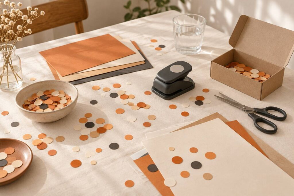Confettis de papier colores et perforatrice sur une table d'activite manuelle