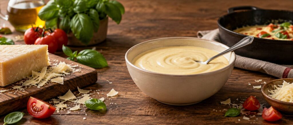 Bol de crème de fromage jaune pâle avec basilic et fromage râpé