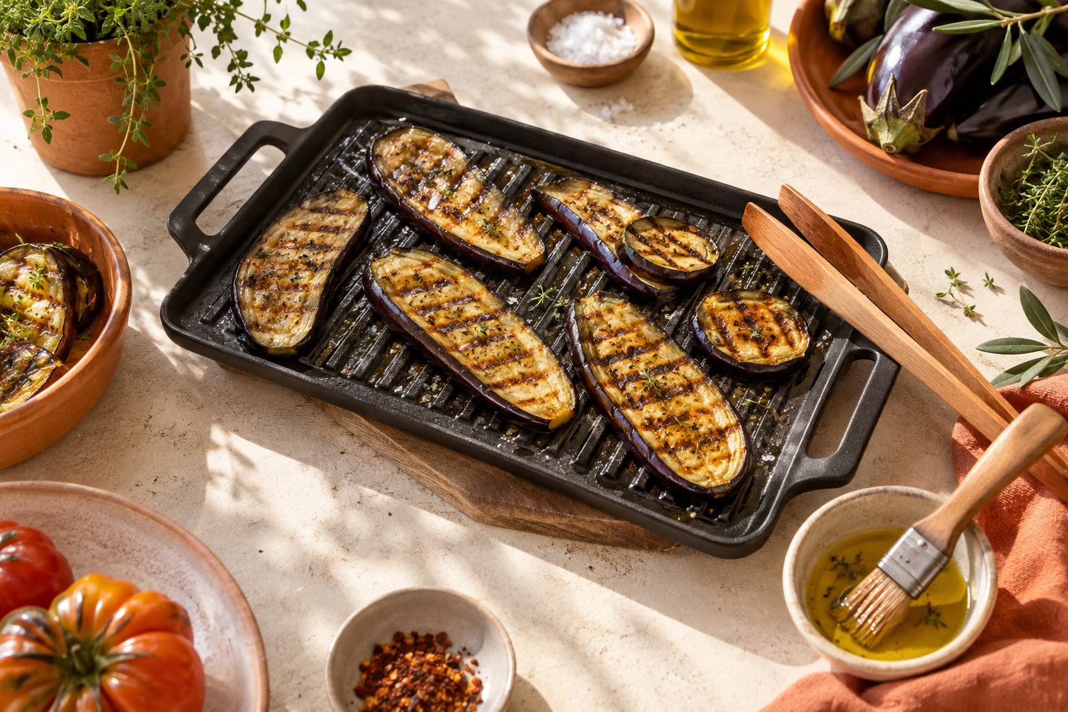 Aubergines tranchees grillees sur une plaque avec rayures de cuisson et pinceau d'huile