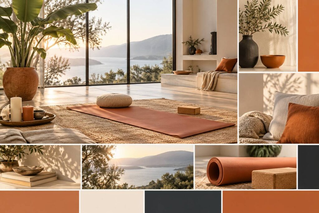 Intérieur serein aux tons naturels avec natte de yoga et lumière douce