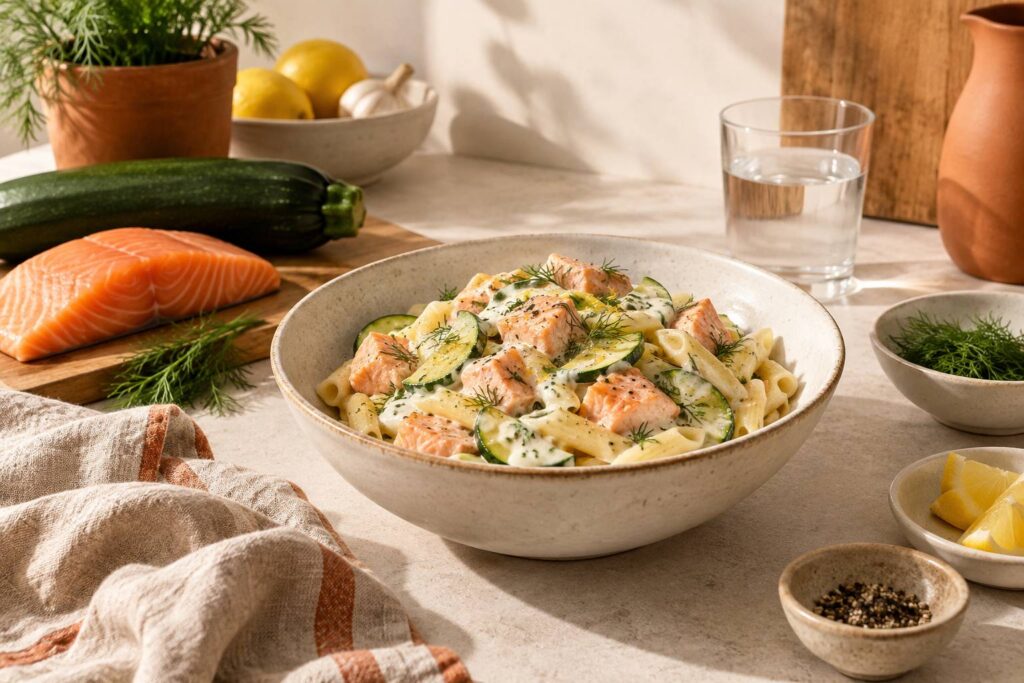 Bol de pates au saumon et courgettes a la sauce cremeuse