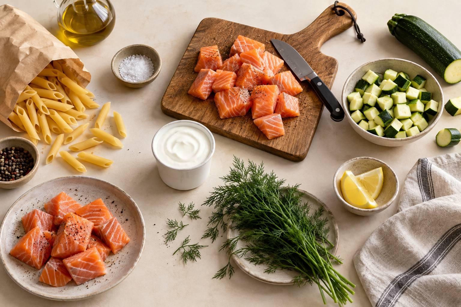 Ingredients de pates au saumon et courgettes prets sur une planche