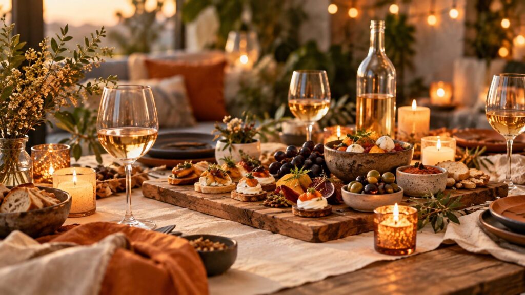 Grand plateau de bois garni de bouchées variées avec verres et bougies sur une table du soir