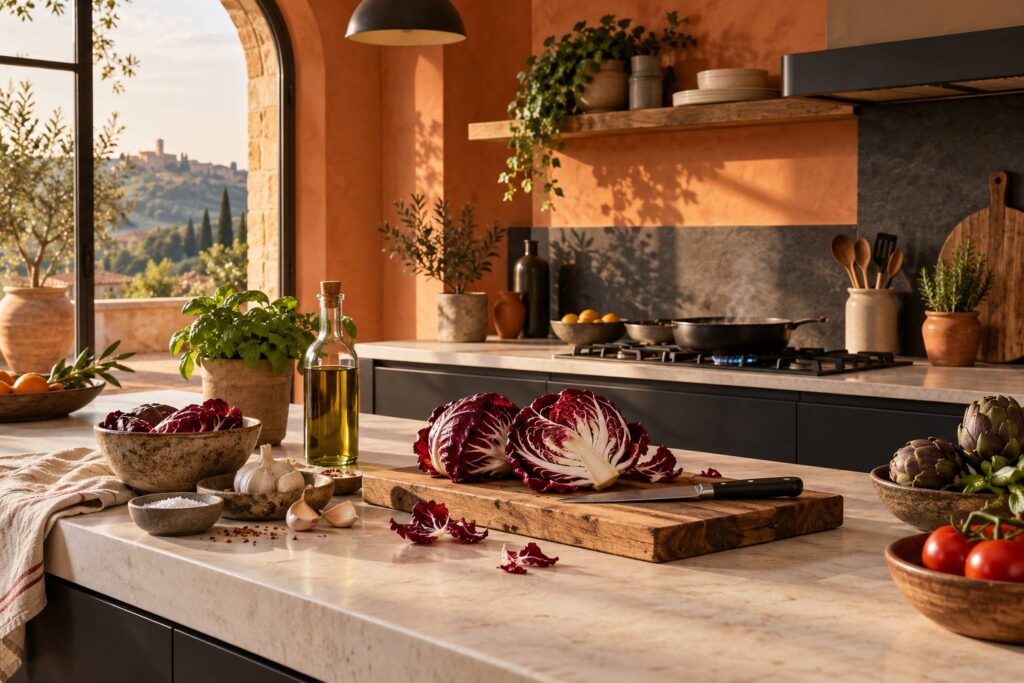 Botte de radicchio rouge frais sur une planche dans une cuisine