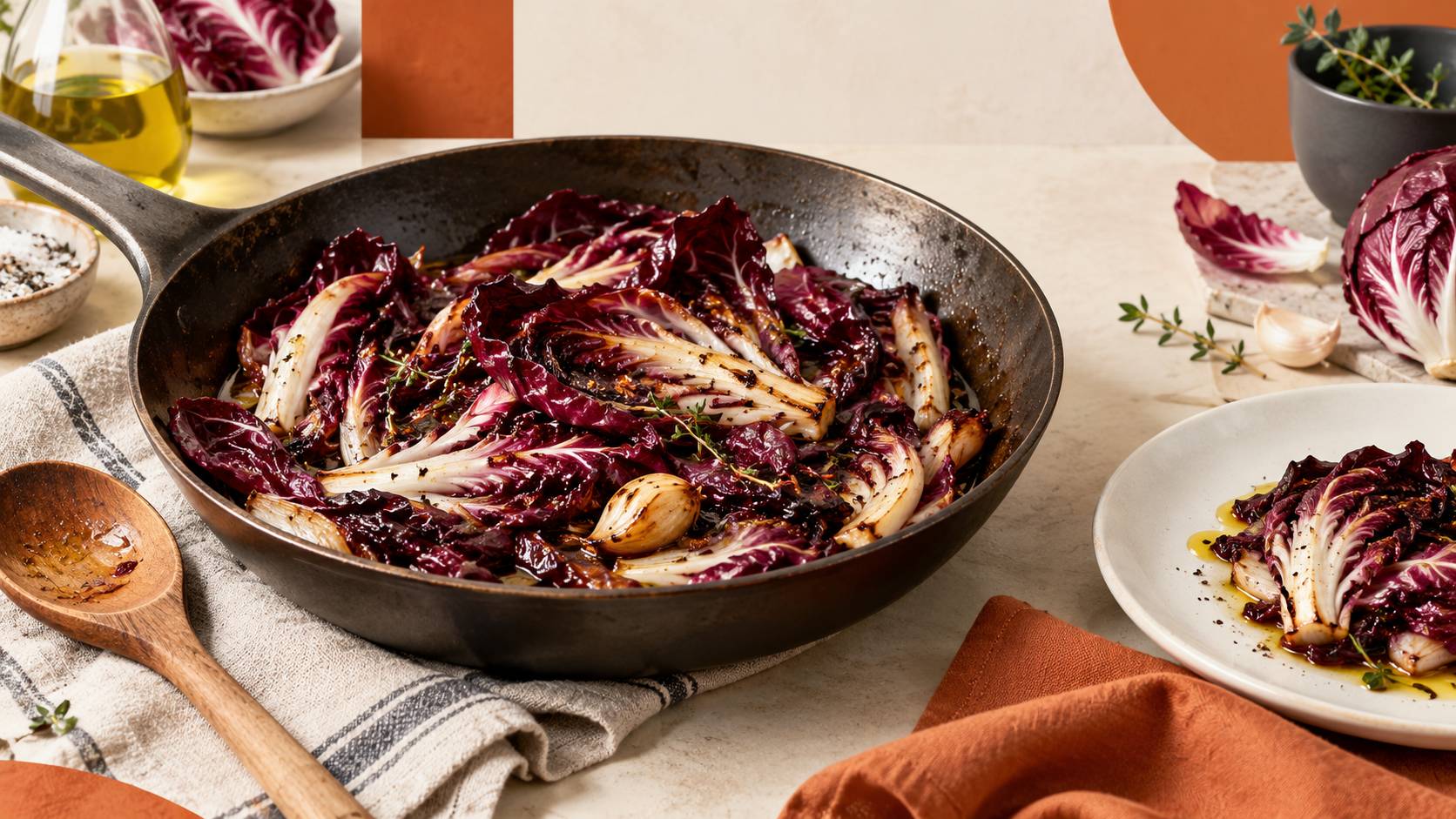 Radicchio rouge saute dans une poele avec huile d'olive et ail