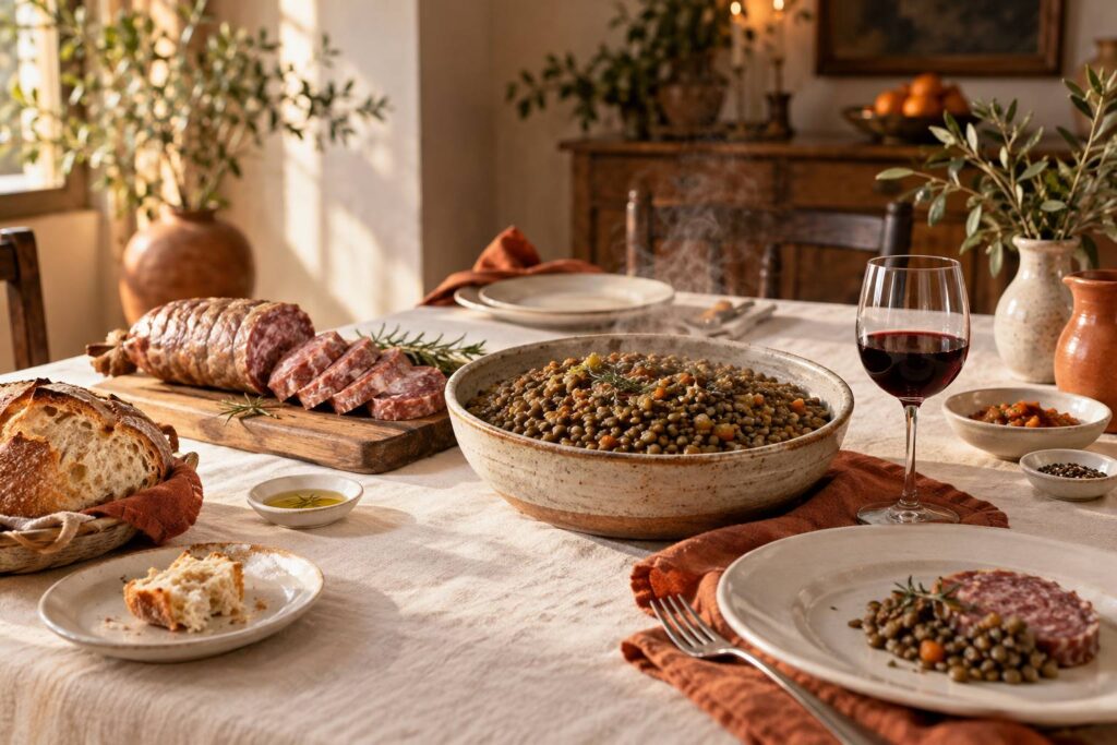 Table de fete italienne avec lentilles et cotechino pour le repas du Nouvel An