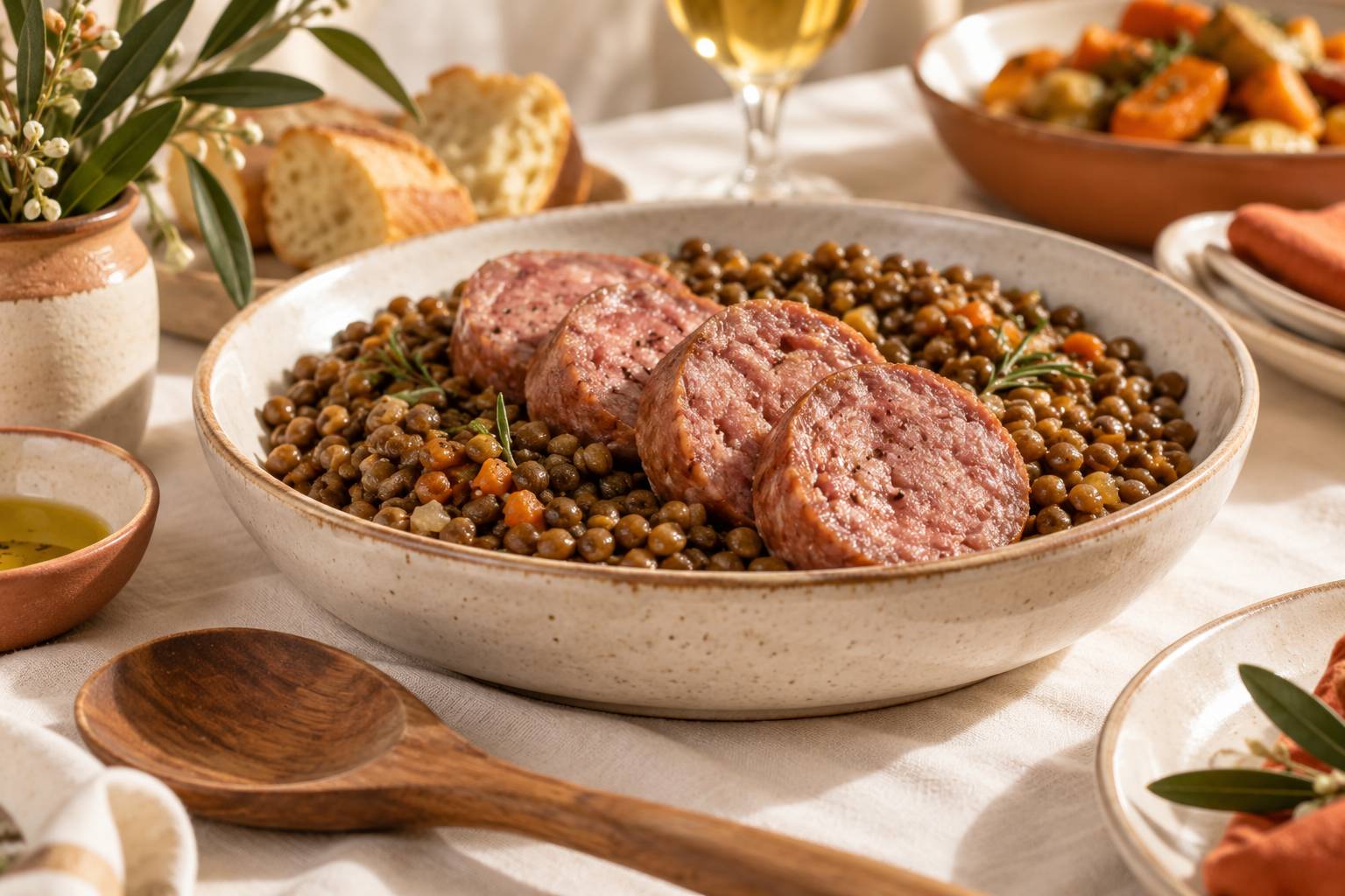 Gros plan d'un plat de lentilles et de cotechino tranche sur une table festive