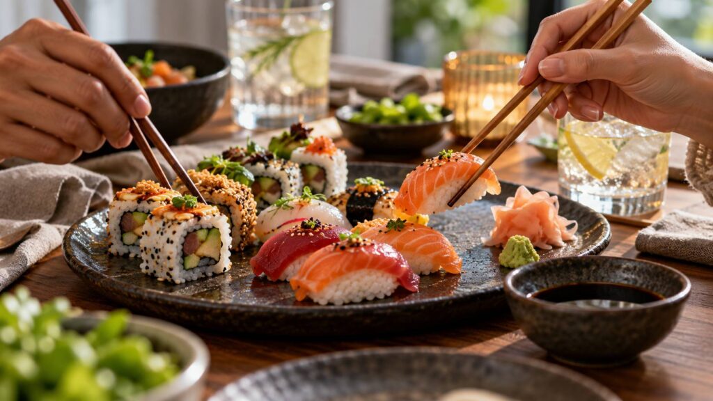 Illustration de détail sur le sujet : Serata sushi a casa: come organizzarla tra amici, dal vassoio alle bevande