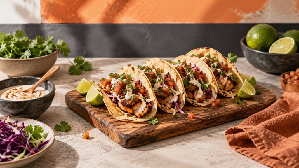Tacos garnis sur une planche en bois avec citron vert et coriandre