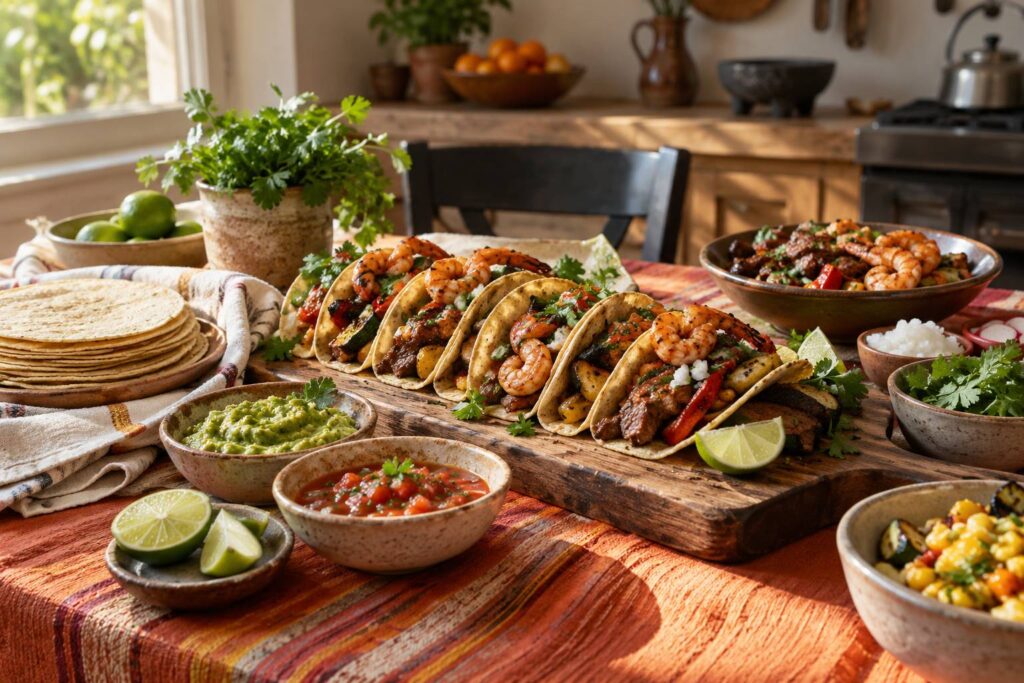 Tacos maison garnis de viande, légumes et sauces sur une planche
