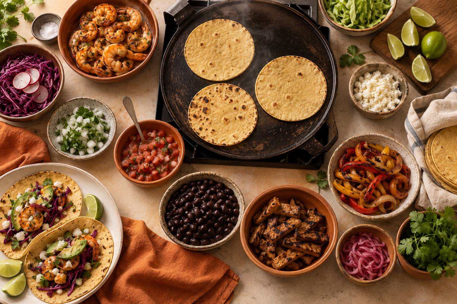 Tortillas de maïs et garnitures variées prêtes à être assemblées
