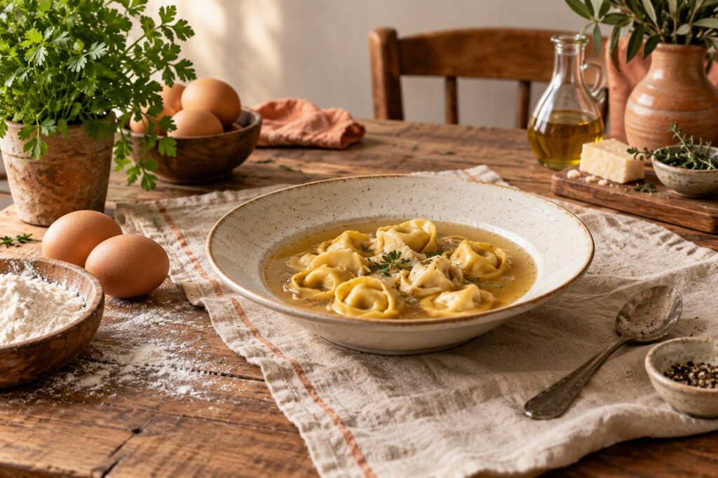 Assiette de tortellini nappes d'un consommé clair sur table rustique