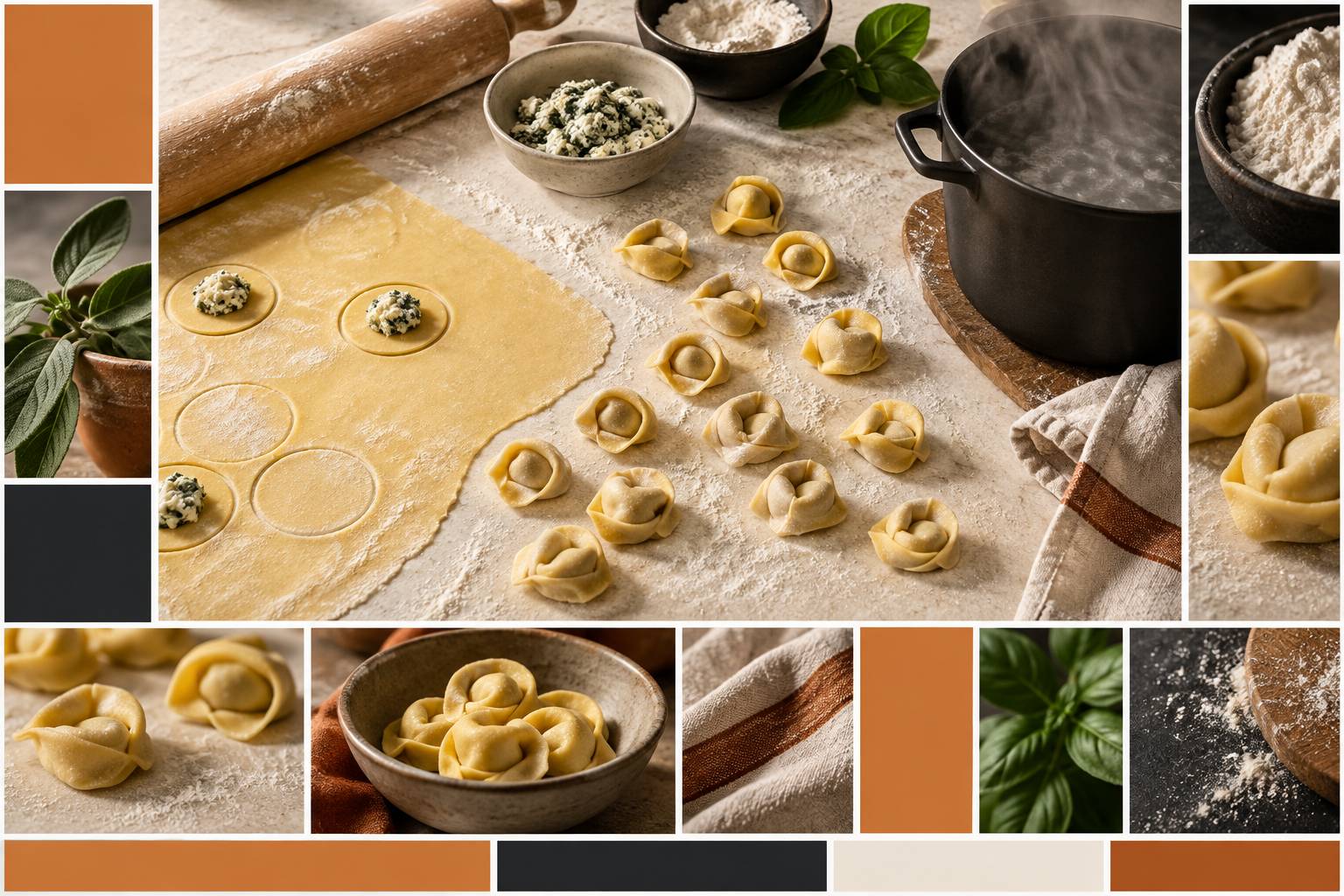 Plan de travail avec pate fraiche et tortellini faconnes