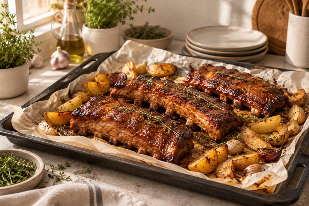 Travers de porc rotis dores sur une plaque avec herbes et pommes de terre