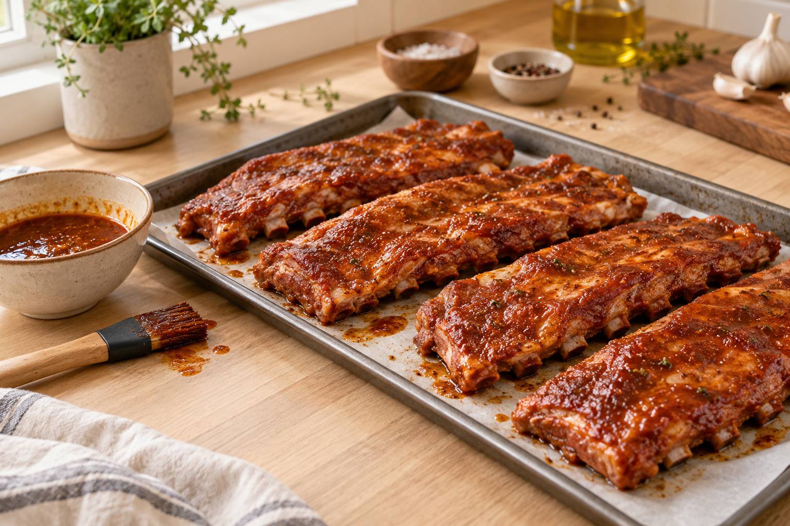 Travers de porc marine sur une plaque avec bol de marinade et pinceau