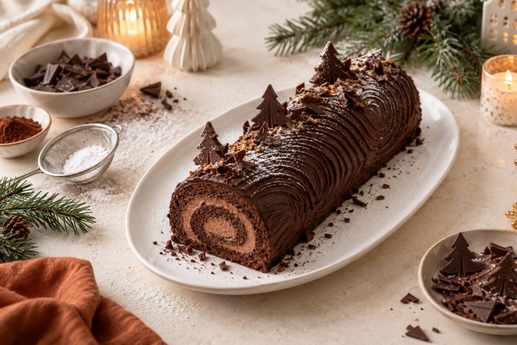 Buche de Noel au chocolat decoree de spirales sur un plat ovale