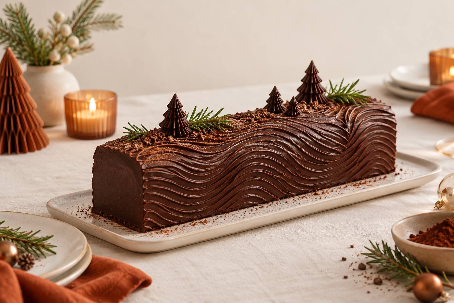 Gros plan sur une buche de Noel au chocolat et ses decors de sapins