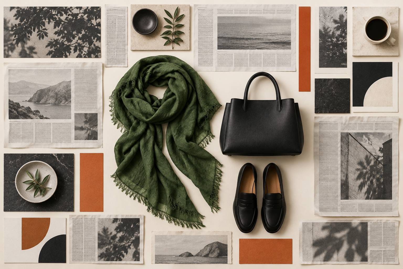 Foulard et accessoires vert intense en flat-lay